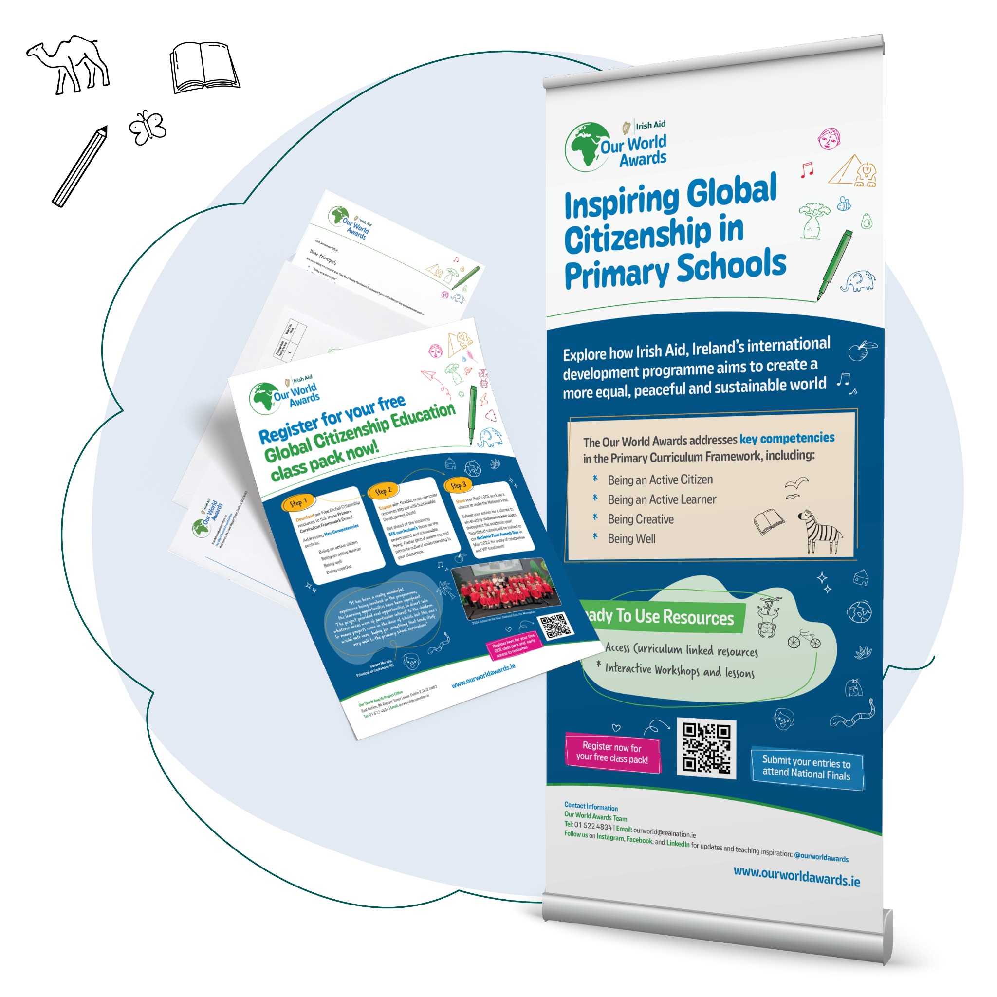 Our World Awards school-registration mailer and pull-up banner
