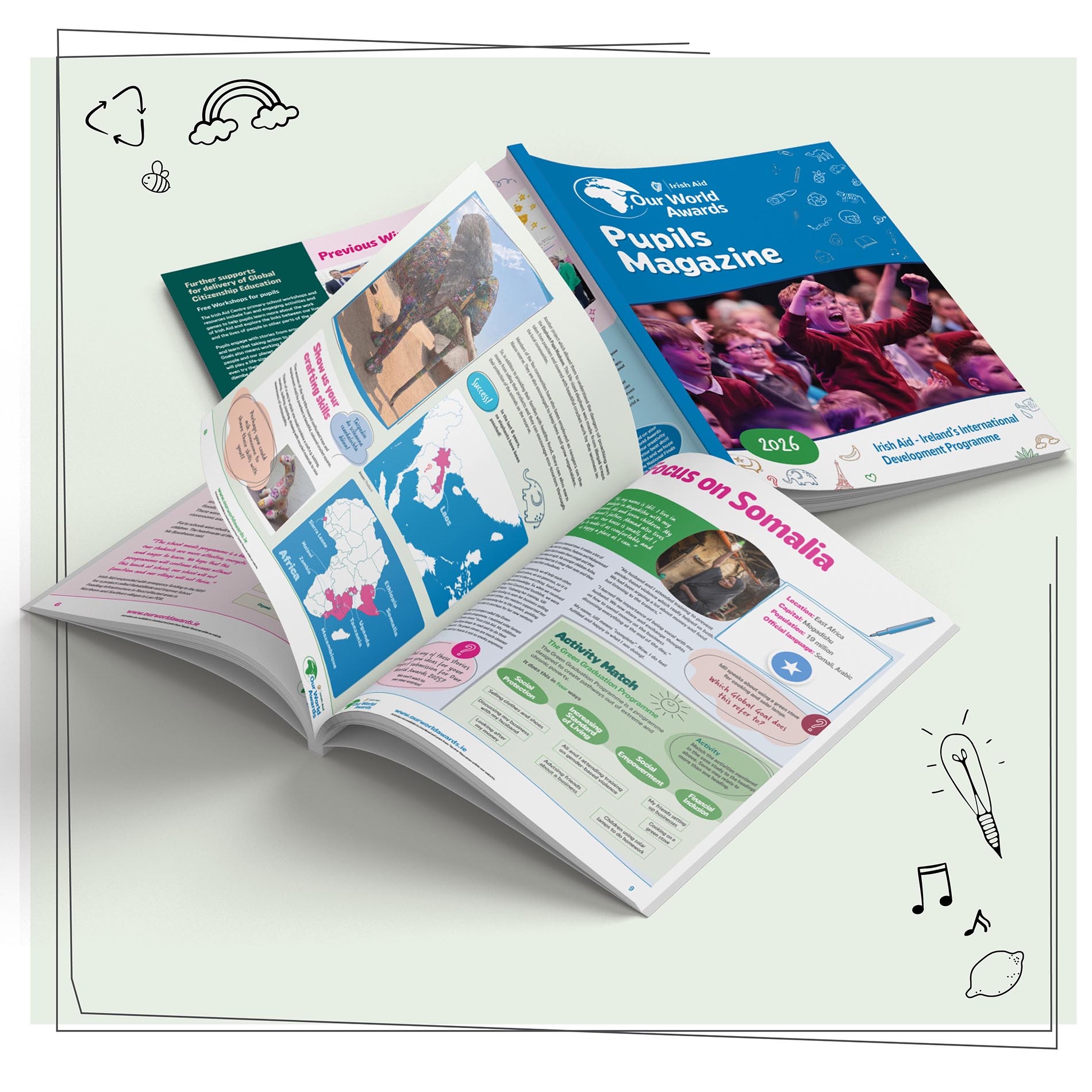 Our World Awards pupil magazine cover and editorial spreads