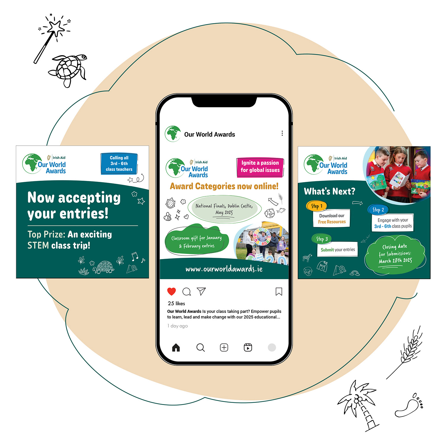 Our World Awards social campaign shown on a phone and square posts