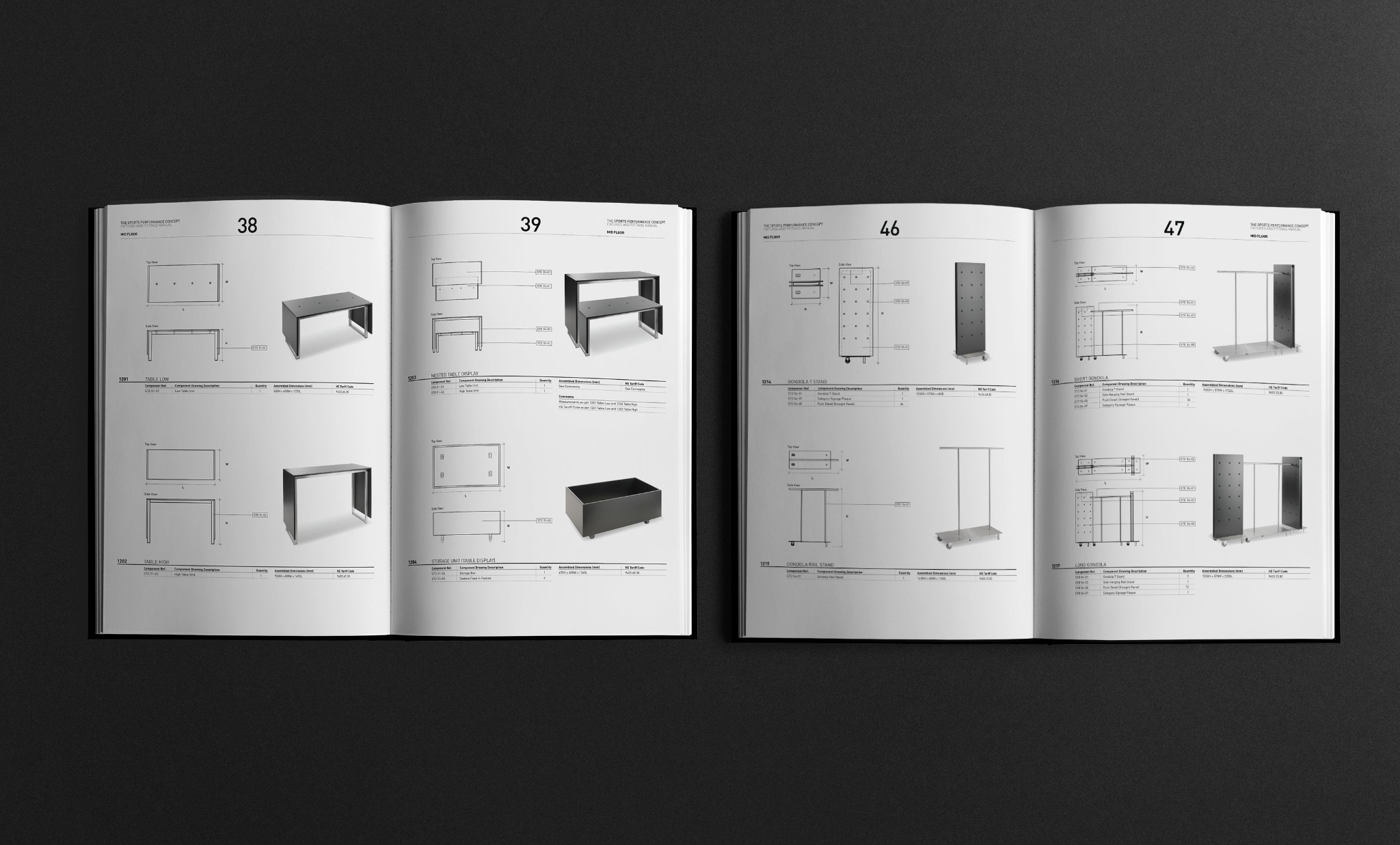 Adidas manual spreads showing mid-floor furniture drawings