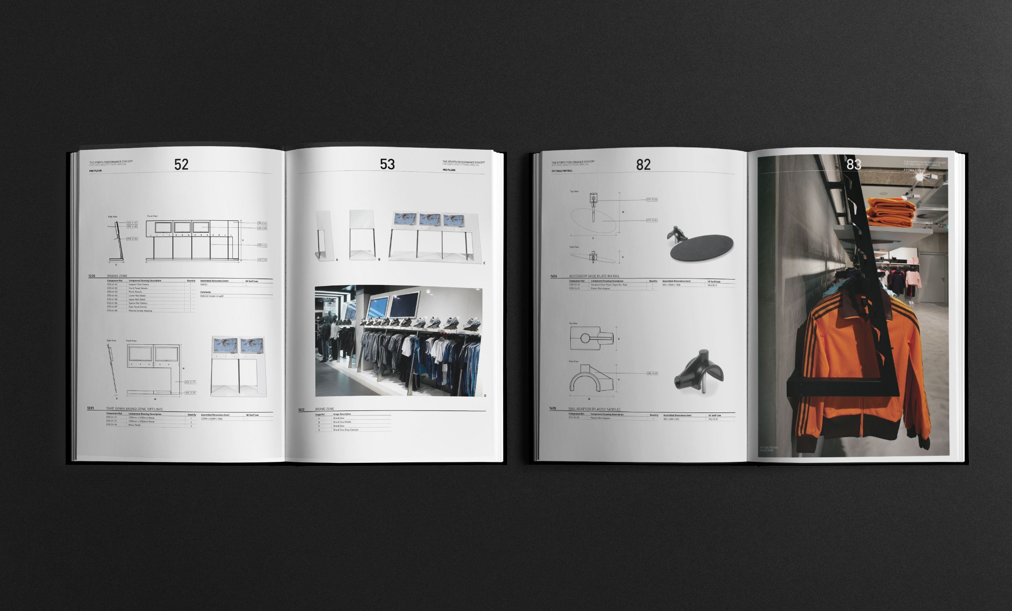 Adidas manual spreads showing retail fixtures and fittings
