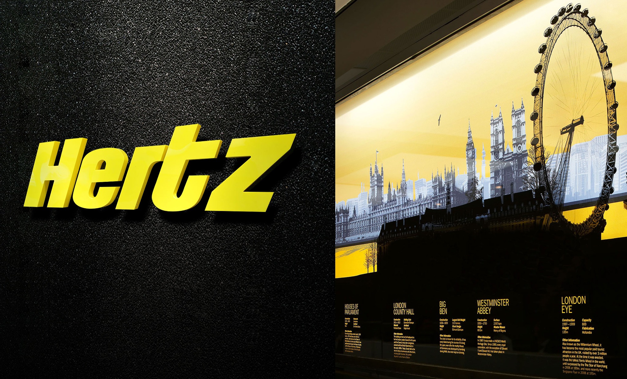 Hertz sign and installed London city graphic